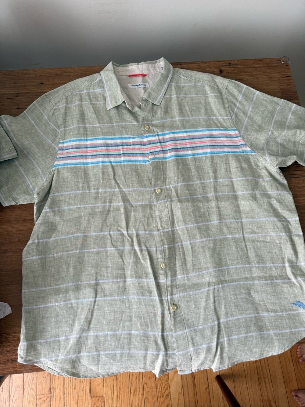 Tommy Bahama Light Green Short-Sleeve Button-Down with Multicolor Chest Stripes
